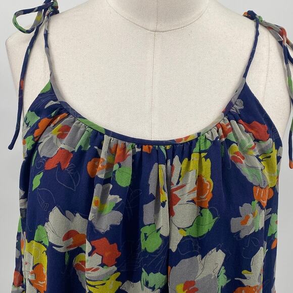 Theory Silk Floral Print Tie Strap Tank Top Blouson Scoopneck Blue Orange XS - Picture 3 of 7